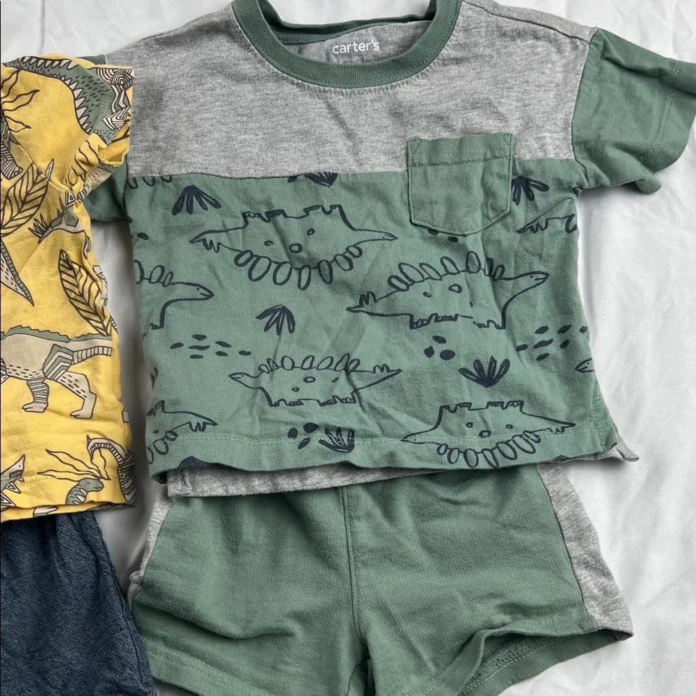 Carter's Yellow Dino Print Tee with Blue Shorts and‎ Carter’s grey green set